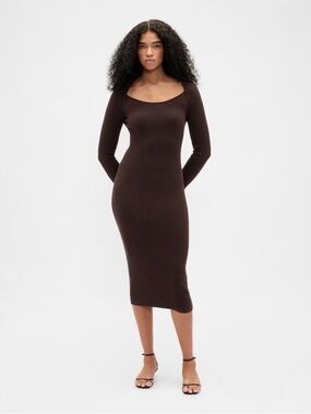 NWT! GAP Best Selling CashSoft Ribbed Long Sleeve Midi Dress - Brown Size Small